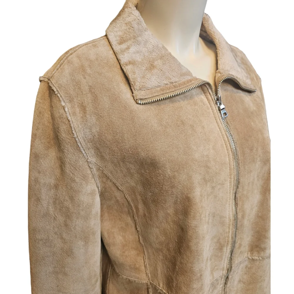 Vintage Y2K Guess Leather Jacket Patchwork Faux Sheepskin Fur Lined Tan Beige - Picture 6 of 13